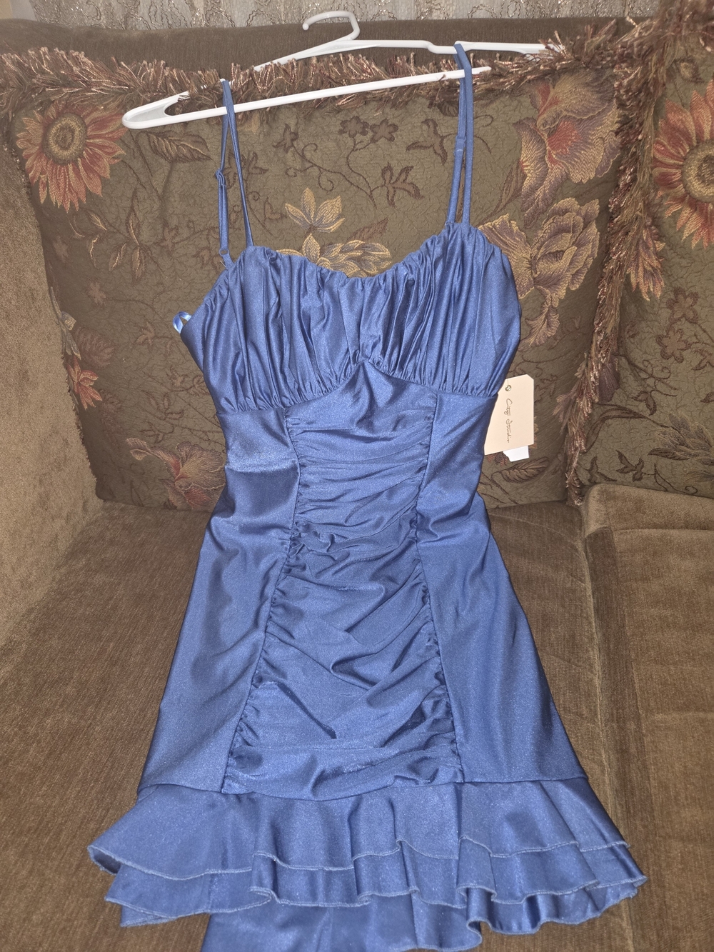 City StudioSBlue Satin Ruffle-Hem Spaghetti Strap Dress L Juniors